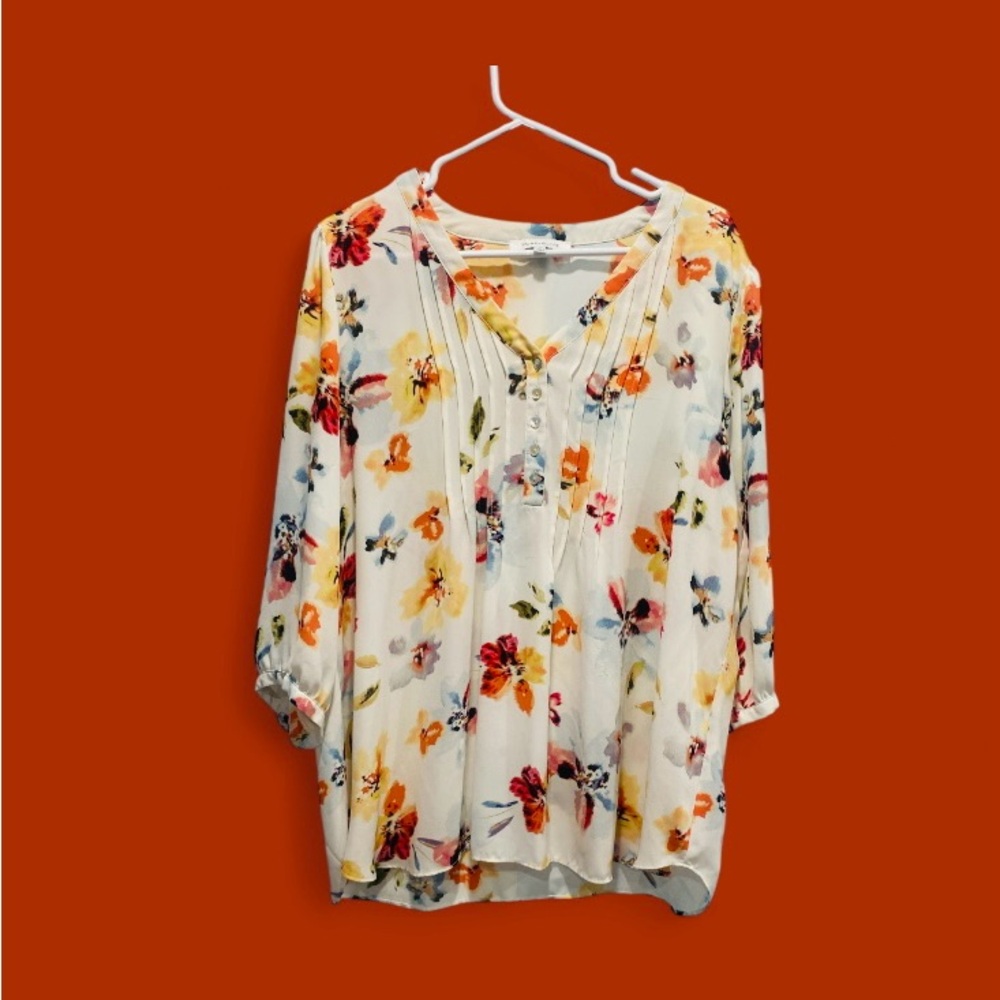 Rose & Olive Floral Blouse - Cream with Red and Yellow